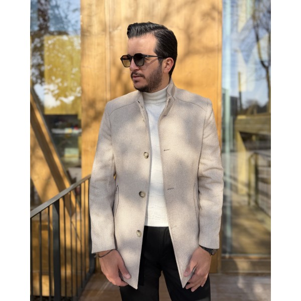 Erkek Premium Twill Dikiş Detaylı Dik Yaka Kaşe Kaban