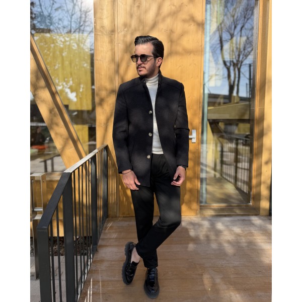 Erkek Premium Twill Dikiş Detaylı Dik Yaka Kaşe Kaban