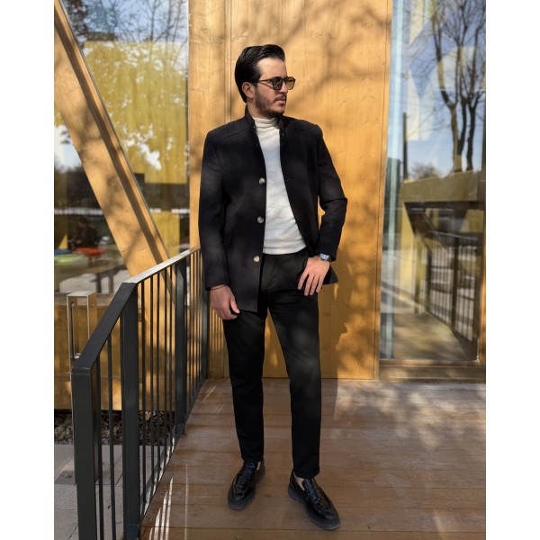 Erkek Premium Twill Dikiş Detaylı Dik Yaka Kaşe Kaban