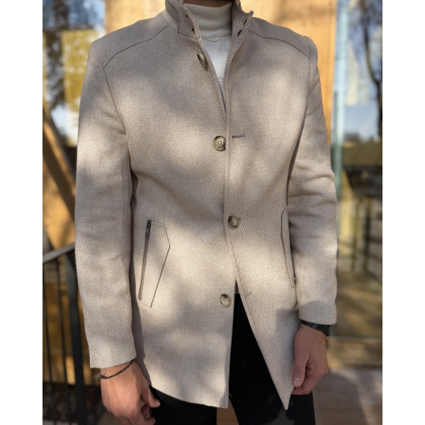 Erkek Premium Twill Dikiş Detaylı Dik Yaka Kaşe Kaban