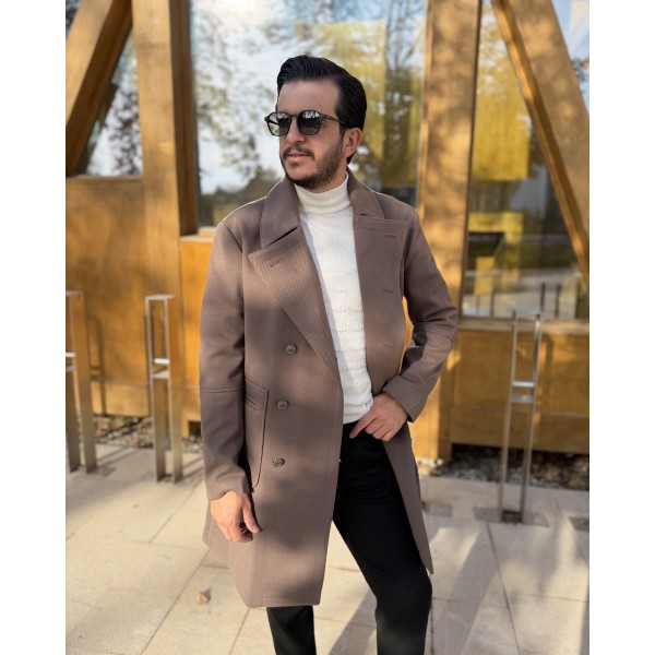 Erkek Yarasa Yaka Kruvaze Uzun Kaşe Kaban