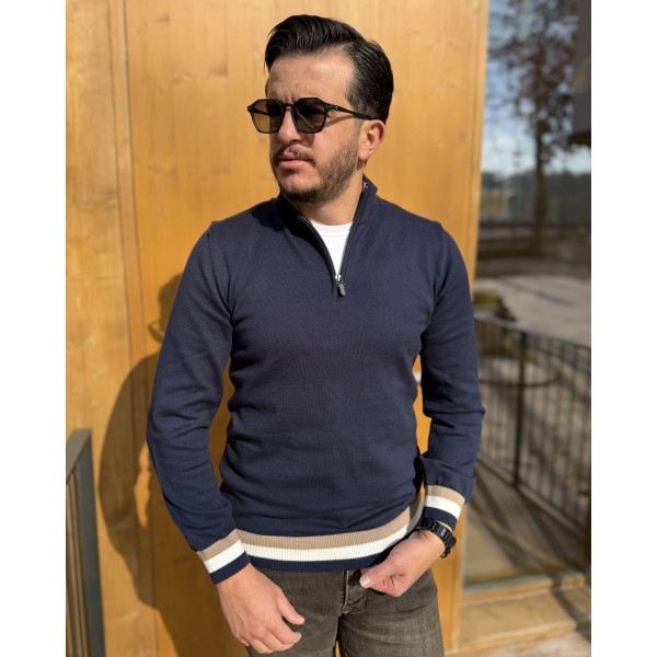 Erkek Şerit Detaylı Premium Yarım Fermuarlı Triko Kazak