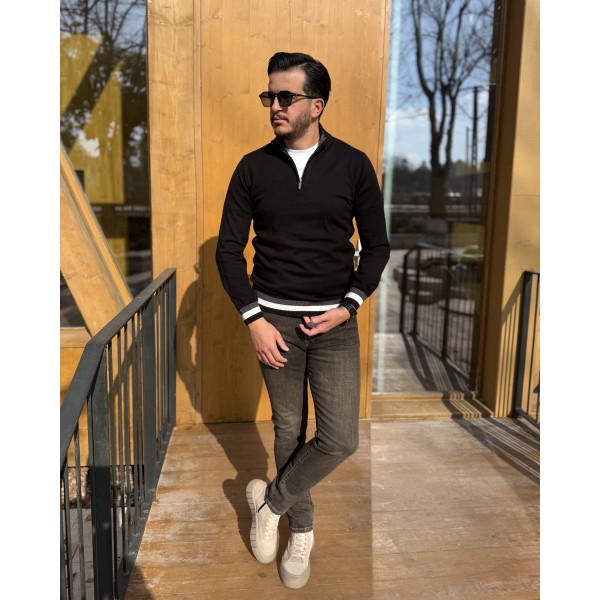 Erkek Şerit Detaylı Premium Yarım Fermuarlı Triko Kazak