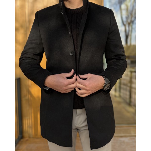 Erkek Slim Fit Düğmeli Dik Yaka Kaşe Kaban
