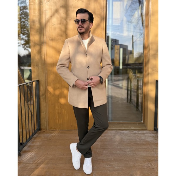 Erkek Slim Fit Düğmeli Dik Yaka Kaşe Kaban