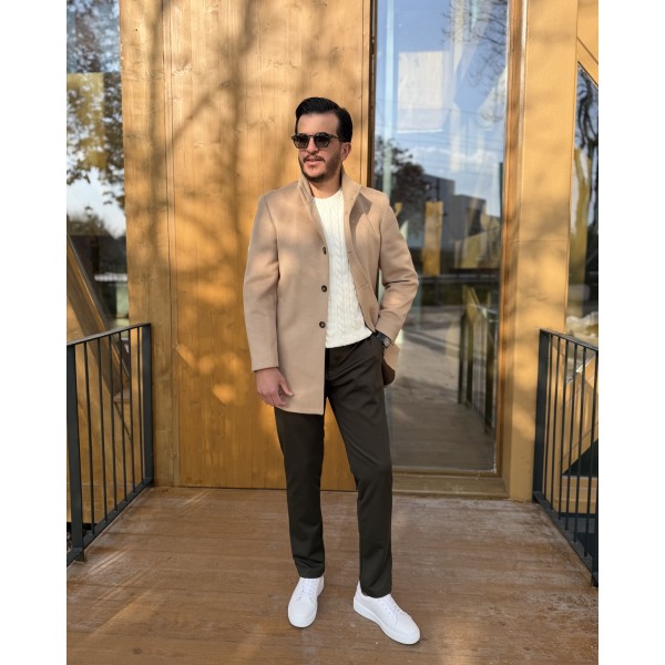Erkek Slim Fit Düğmeli Dik Yaka Kaşe Kaban