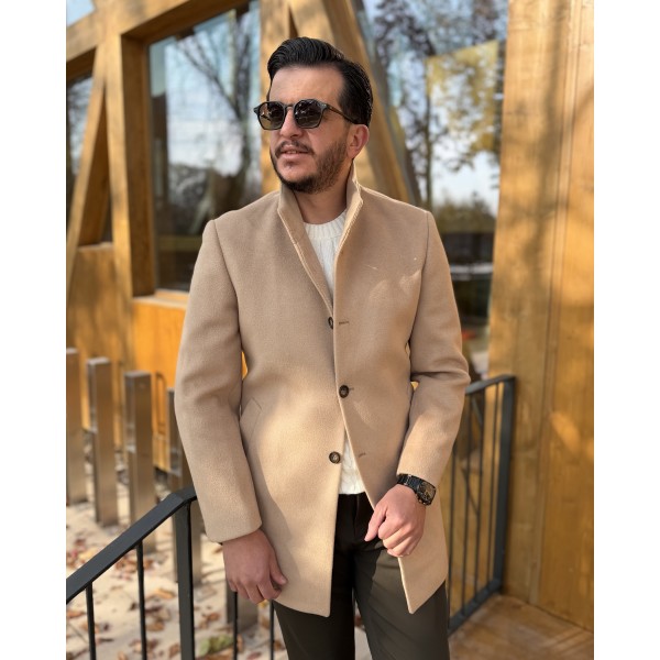 Erkek Slim Fit Düğmeli Dik Yaka Kaşe Kaban