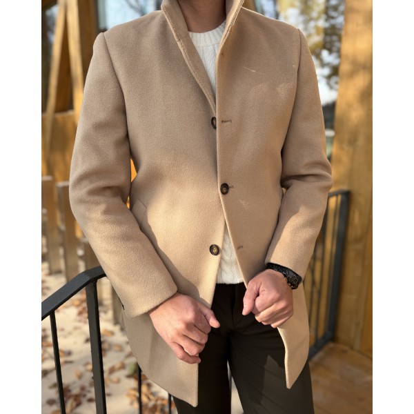 Erkek Slim Fit Düğmeli Dik Yaka Kaşe Kaban