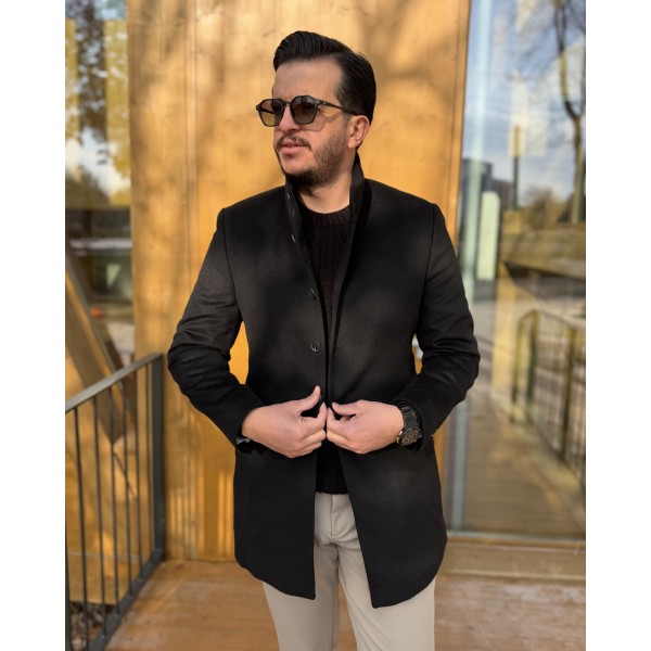Erkek Slim Fit Düğmeli Dik Yaka Kaşe Kaban