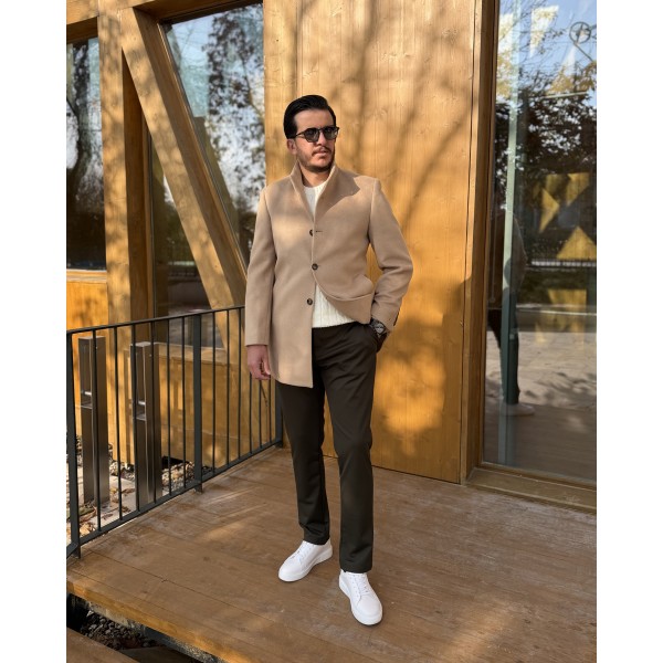 Erkek Slim Fit Düğmeli Dik Yaka Kaşe Kaban