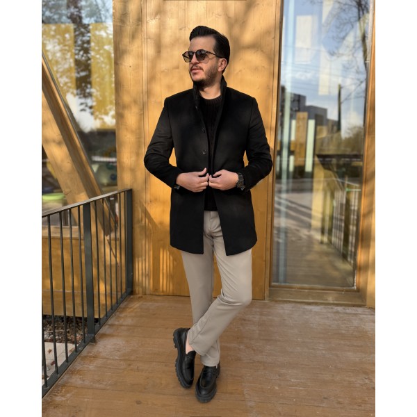 Erkek Slim Fit Düğmeli Dik Yaka Kaşe Kaban