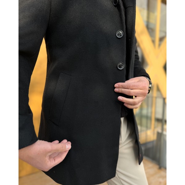 Erkek Slim Fit Düğmeli Dik Yaka Kaşe Kaban