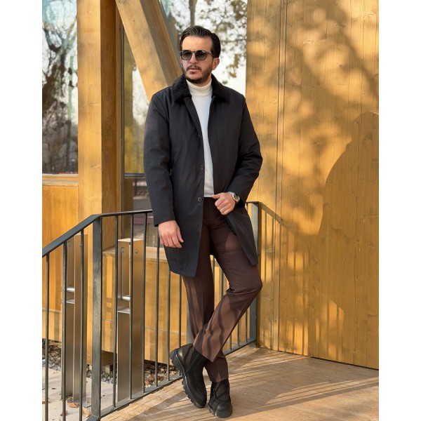 Premium Kürk Yaka Detaylı Erkek Slim Fit Trençk...