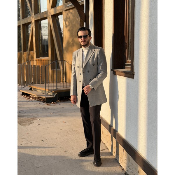 Double Breasted Premium Kruvaze Gri Erkek Slim Fit Kaşe Kaban