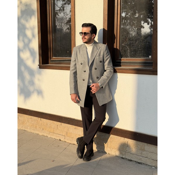 Double Breasted Premium Kruvaze Gri Erkek Slim Fit Kaşe Kaban