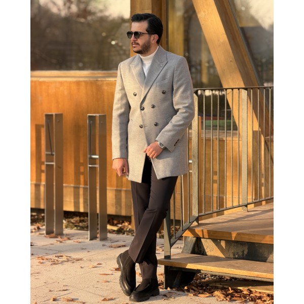 Double Breasted Premium Kruvaze Gri Erkek Slim Fit Kaşe Kaban