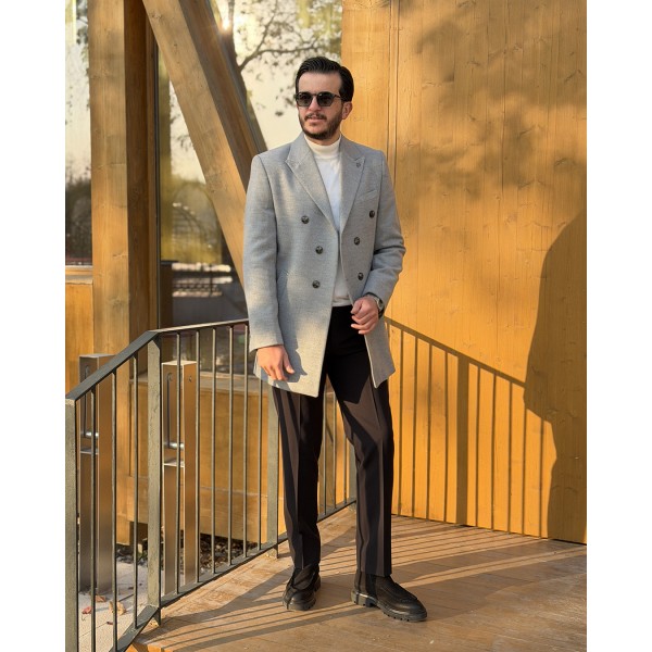 Double Breasted Premium Kruvaze Gri Erkek Slim Fit Kaşe Kaban