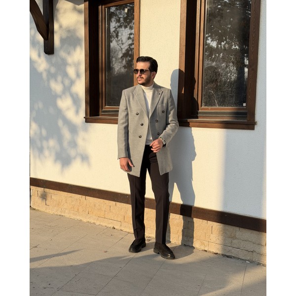 Double Breasted Premium Kruvaze Gri Erkek Slim Fit Kaşe Kaban