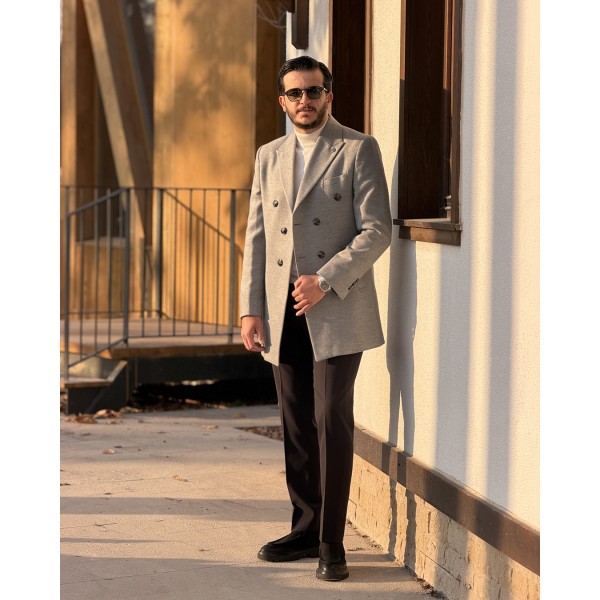 Double Breasted Premium Kruvaze Gri Erkek Slim Fit...