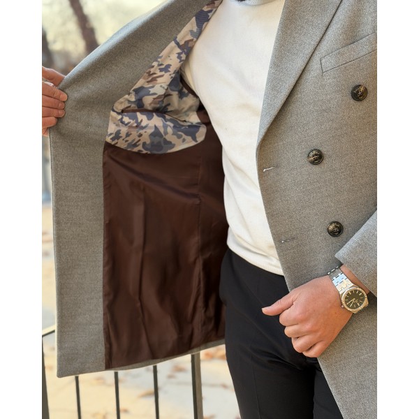 Double Breasted Premium Kruvaze Gri Erkek Slim Fit Kaşe Kaban