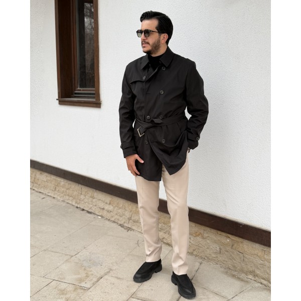 Erkek Kuşaklı Çift Düğmeli Trençkot 