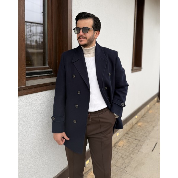 Erkek Premium Çift Düğmeli Slim Fit Kruvaze Kaban