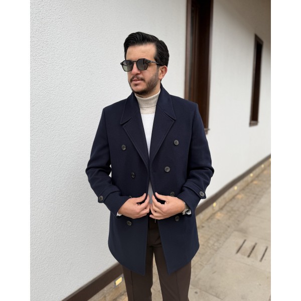 Erkek Premium Çift Düğmeli Slim Fit Kruvaze Kaban