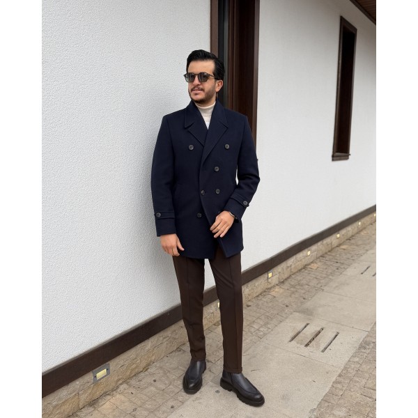 Erkek Premium Çift Düğmeli Slim Fit Kruvaze Kaban