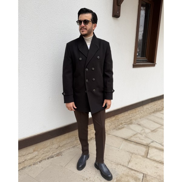 Erkek Premium Çift Düğmeli Slim Fit Kruvaze Kaban