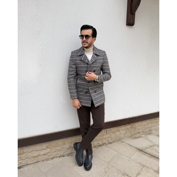 Erkek Kruvaze Ekoseli Slim Fit Yün Kaban