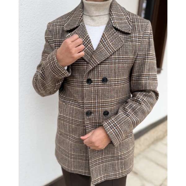 Erkek Kruvaze Ekoseli Slim Fit Yün Kaban