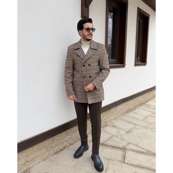 Erkek Kruvaze Ekoseli Slim Fit Yün Kaban