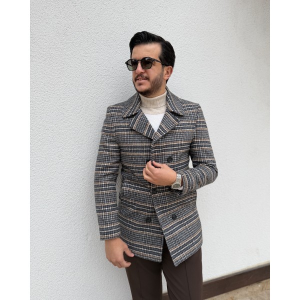 Erkek Kruvaze Ekoseli Slim Fit Yün Kaban