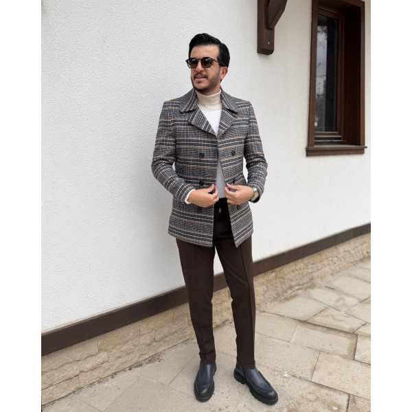 Erkek Kruvaze Ekoseli Slim Fit Yün Kaban