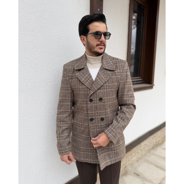 Erkek Kruvaze Ekoseli Slim Fit Yün Kaban