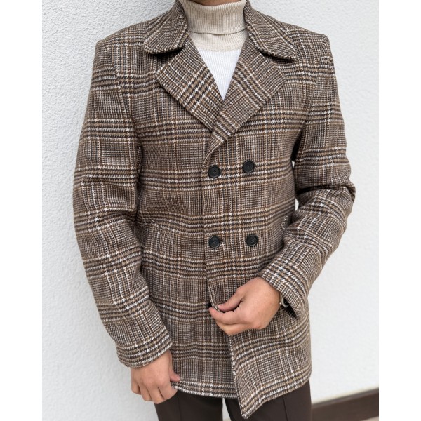 Erkek Kruvaze Ekoseli Slim Fit Yün Kaban