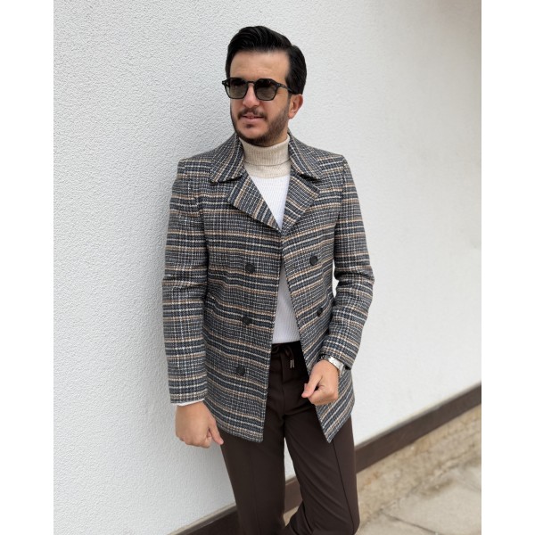 Erkek Kruvaze Ekoseli Slim Fit Yün Kaban