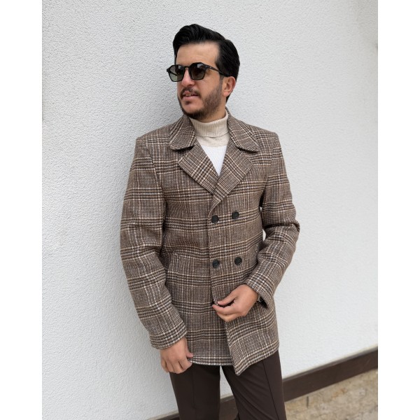 Erkek Kruvaze Ekoseli Slim Fit Yün Kaban