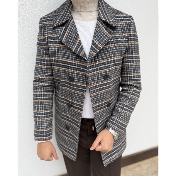 Erkek Kruvaze Ekoseli Slim Fit Yün Kaban