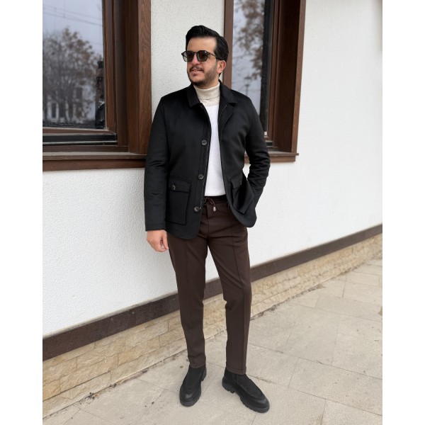Erkek Fermuarlı & Düğmeli Siyah Kaşe Mont
