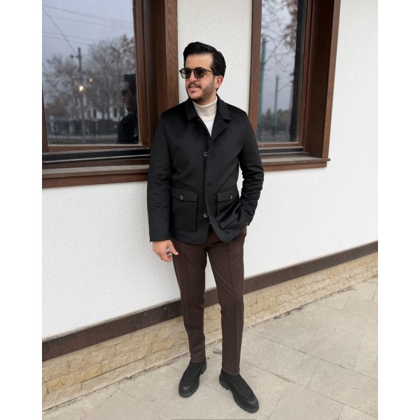 Erkek Fermuarlı & Düğmeli Siyah Kaşe Mont