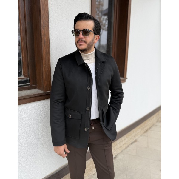 Erkek Fermuarlı & Düğmeli Siyah Kaşe Mont
