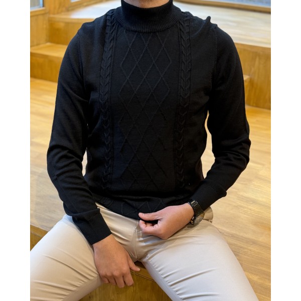 Erkek Baklava Desenli Boğazlı Yaka Slim Fit Triko Kazak