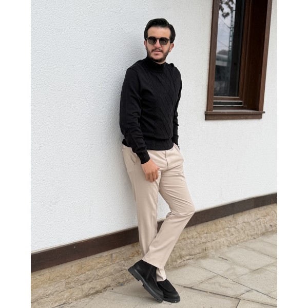 Erkek Baklava Desenli Boğazlı Yaka Slim Fit Triko Kazak