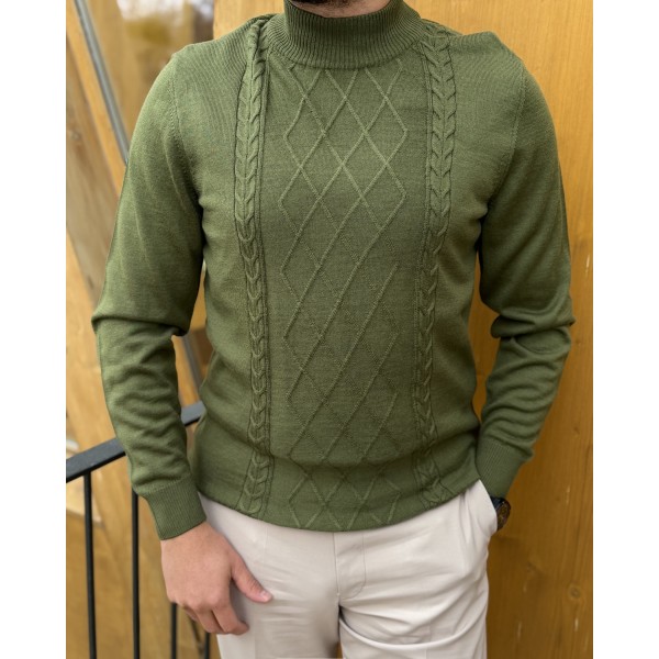 Erkek Baklava Desenli Boğazlı Yaka Slim Fit Triko Kazak