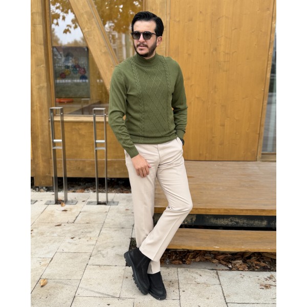 Erkek Baklava Desenli Boğazlı Yaka Slim Fit Trik...