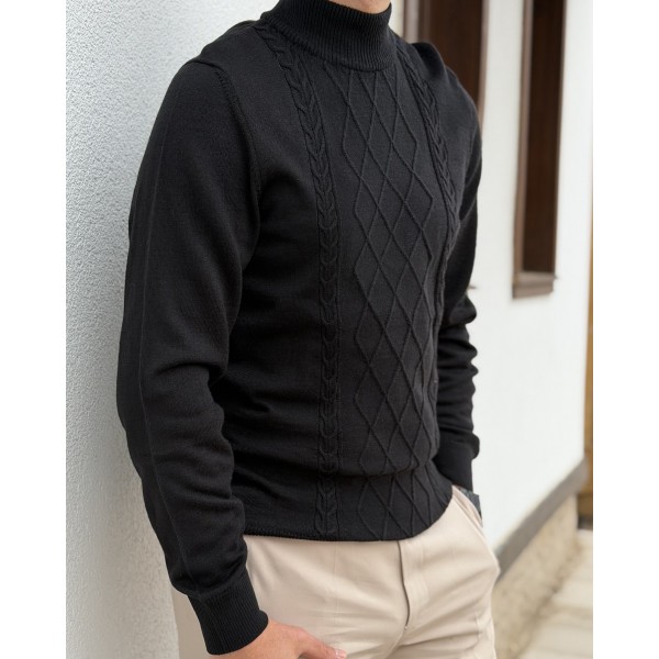 Erkek Baklava Desenli Boğazlı Yaka Slim Fit Triko Kazak