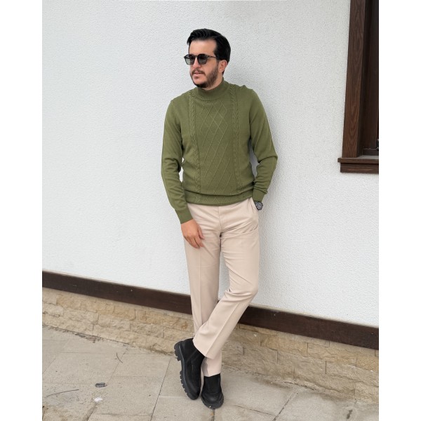 Erkek Baklava Desenli Boğazlı Yaka Slim Fit Triko Kazak