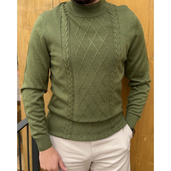 Erkek Baklava Desenli Boğazlı Yaka Slim Fit Triko Kazak