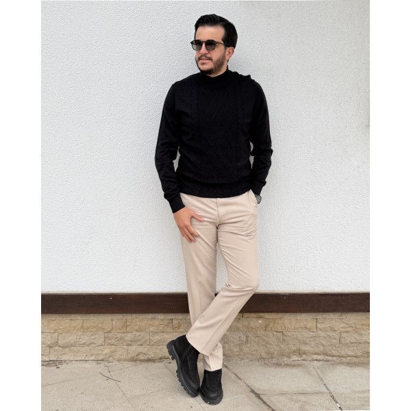 Erkek Baklava Desenli Boğazlı Yaka Slim Fit Triko Kazak
